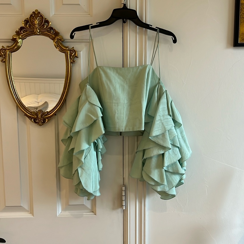 Alice And Olivia mint green, puffy sleeve shirt